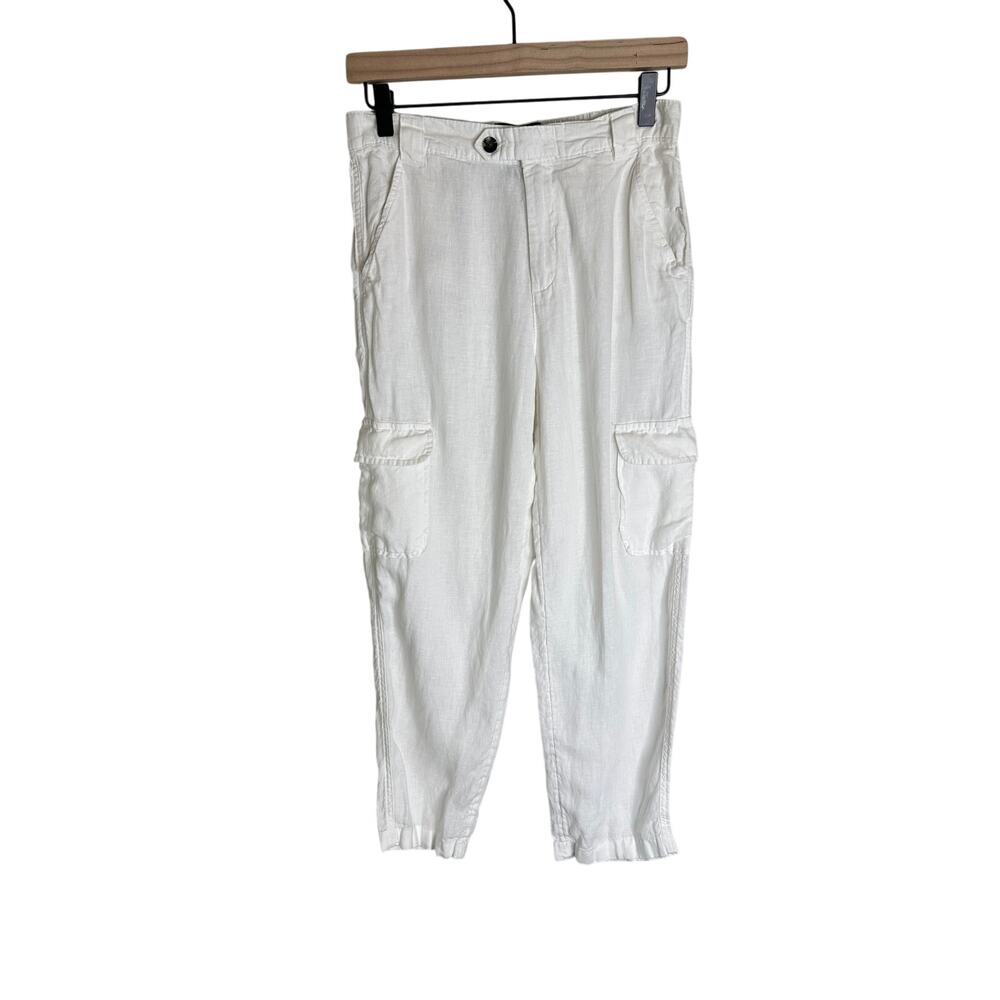 Rachel Roy White 100% Linen High Rise Cargo Pants Womens Small Elastic Waist EUC